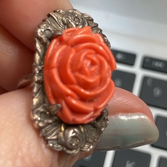 Coral Rose Silver Art Deco Style Ring size 4.25 - Picture 16 of 16